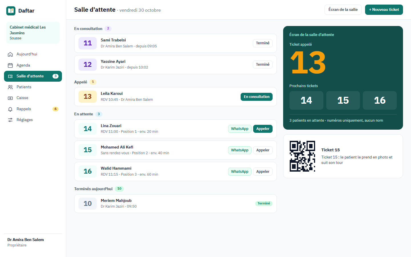 Salle d'attente : tickets en consultation, appelé et en attente avec position et attente estimée, boutons Appeler et WhatsApp ; à côté, l'écran de la salle avec le ticket appelé 13 et les prochains 14, 15, 16.